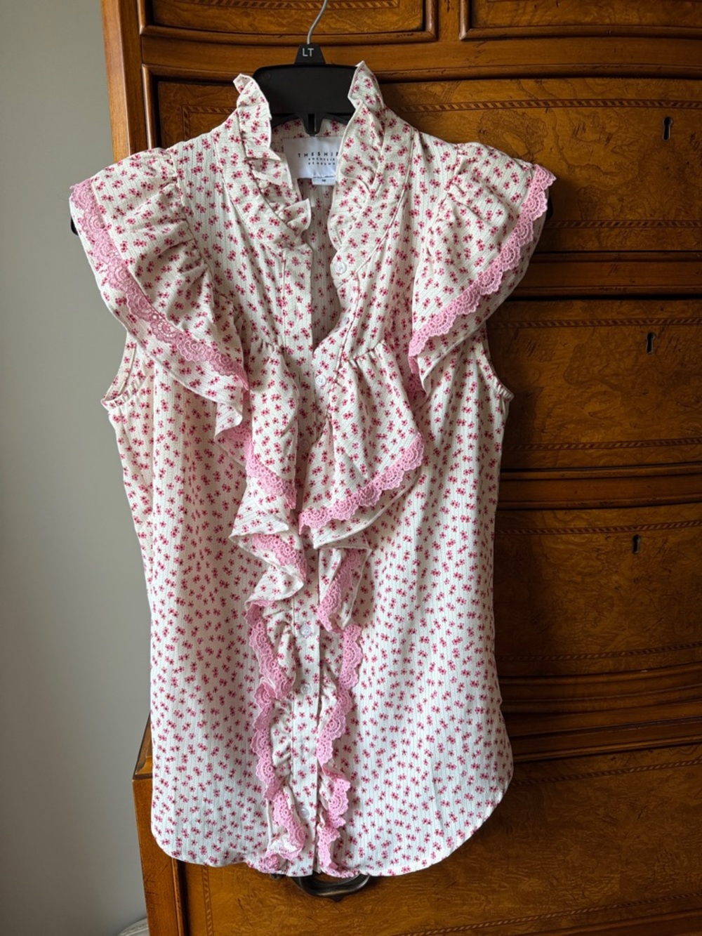The Shirt by Rochelle Behrens Cream Blouse with Pink Floral Ruffles